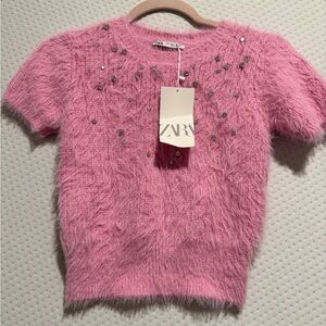 Zara Pink Fuzzy Short Sleeve Sweater